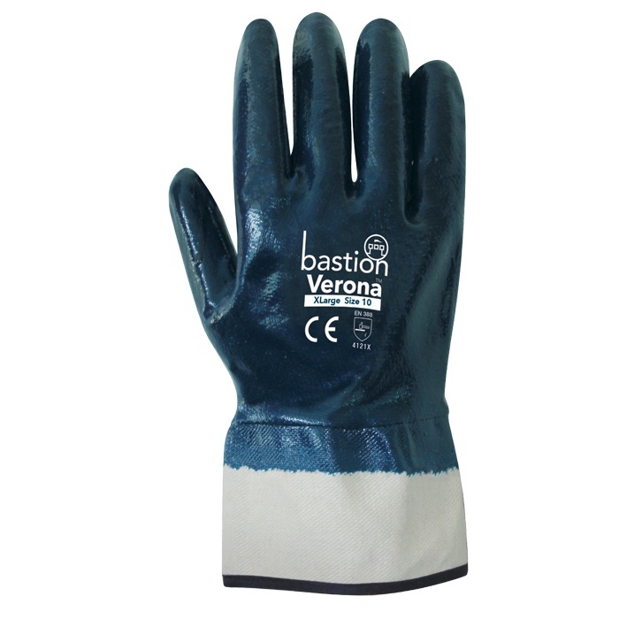 Verona Nitrile Fully Dipped Jersey Cotton Gloves with Safety Cuff Large Pack 12 Pairs - Bastion
