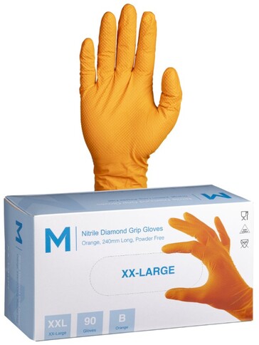 Nitrile Diamond Grip Gloves Powder Free - Orange, 2XL, 240mm Cuff, 9.0g - Matthews