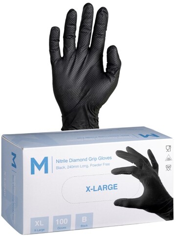 Nitrile Diamond Grip Gloves Powder Free - Black, XL, 240mm Cuff, 9.0g - Matthews