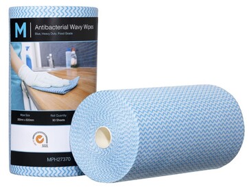 Antibacterial Wavy Wipes - Blue, 300mm x 500mm, 90 Sheets, 80gsm *Heavy Duty - Matthews