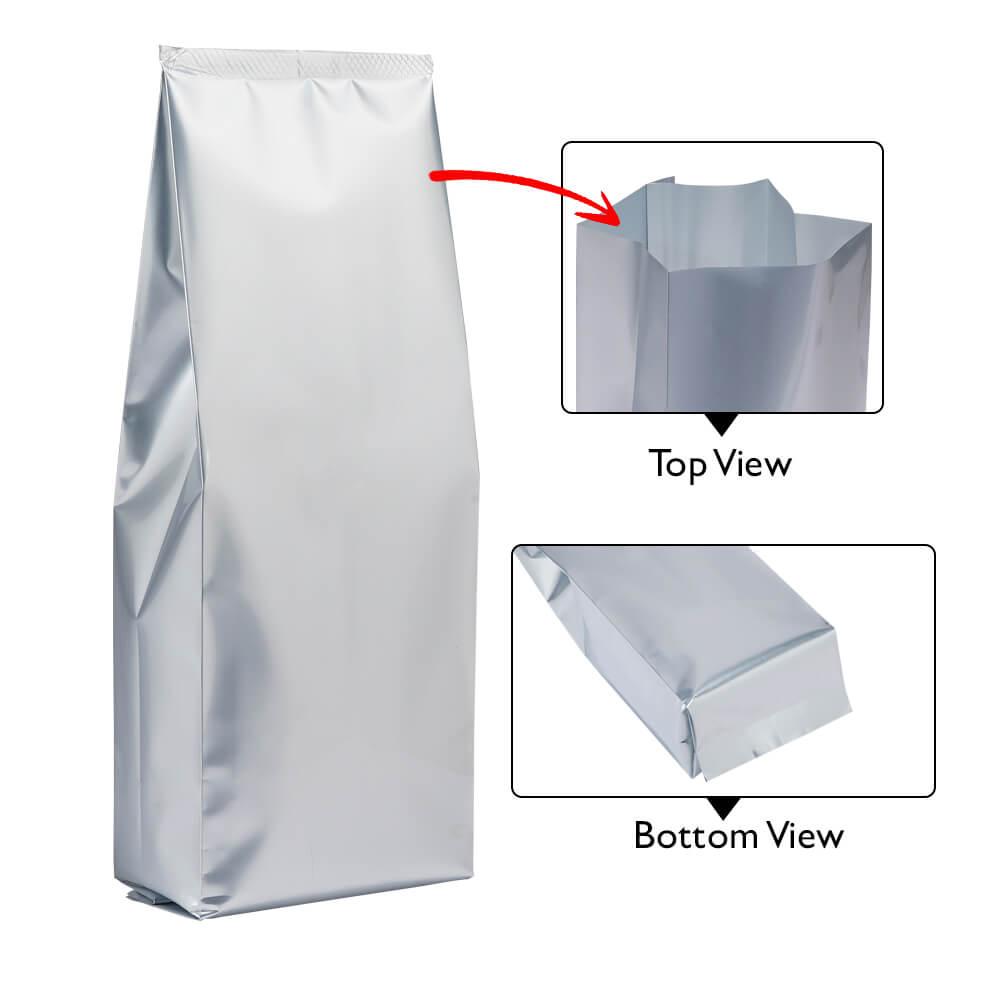 Central Seal-Side Gusset Pouch 3kg Matt Silver w No zip w Valve 210w x 510h x (55 +55)g
