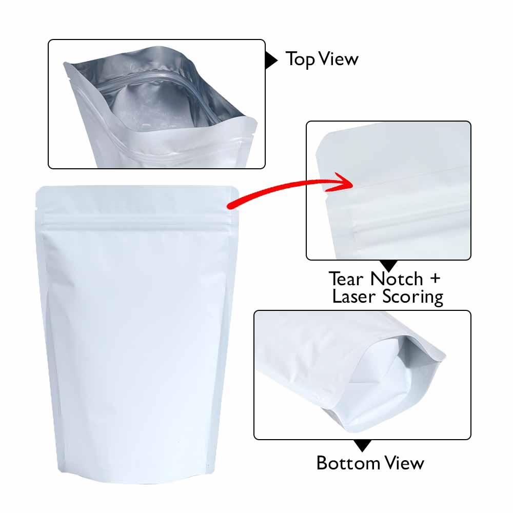 Stand Up Pouch 250gm White Matt with Zip no Valve 160w x 230h x (45 + 45)g
