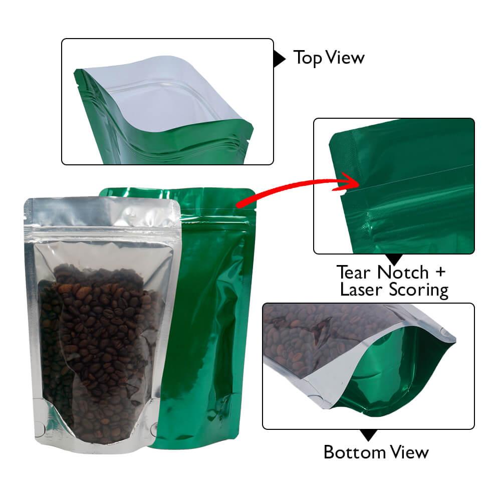 Stand Up Pouch Clear/Shiny Green 70g w Zip no Valve 110w x 170h x (35 + 35)g