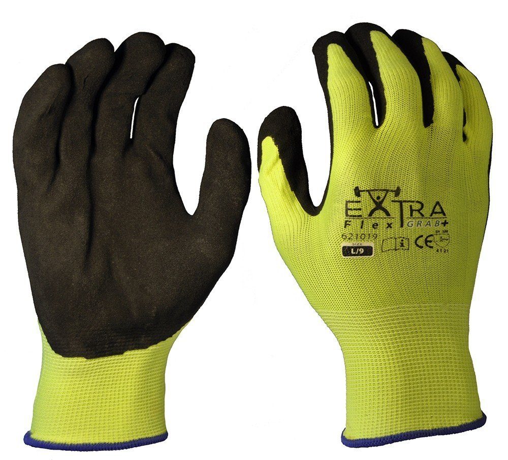 Grab+, Black Sandy Nitrile, Fluro Yellow Polyester-Size L