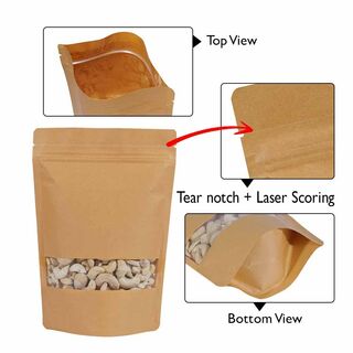 Stand Up Pouch 100g Brown Kraft Paper w Rectangle Window w Zip no Valve 120w x 200h x (40 + 40)g
